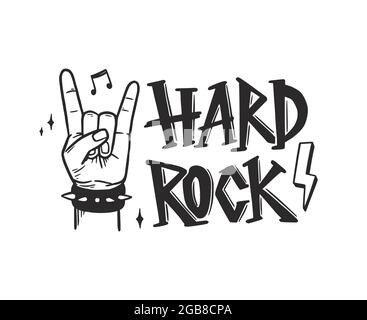 Rock and Roll Hand. Handgezeichneter Doodle-Sketch-Stil. Zeichnung schwarze Linie Musik Arm für Rock, Punk, Metall-Zeichen. Isolierte Vektordarstellung. Stock Vektor