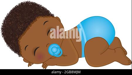 Süßer Afroamerikanischer Baby Boy Mit Blauer Windel. Vector Curly Baby Boy mit Schnuller Stock Vektor