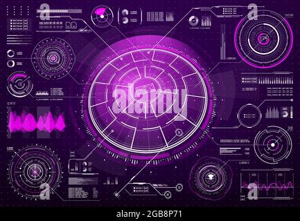 HUD futuristische Technologie Bildschirm digitale Schnittstelle. Sci FI-Benutzeroberfläche, zukünftiges Dashboard-Design mit leuchtend rosa Neonlicht-Kreisdiagrammen, vecto Stock Vektor