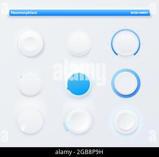 Neomorphic UI Kit mobile App Runde Ebene Tasten. Lautstärkeregler, Verstärker-Leistungsvektor, weiße Zifferblätter mit blauen Skalen, Gamecontroller D-pa Stock Vektor