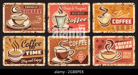 Kaffeehaus rostige Metallplatten. Café-Bar, Espresso- oder Cappuccino-Grunge-Vektorplatten, Café oder Restaurant, Blechschilder für heiße Getränke. Kaffeebohnen r Stock Vektor