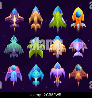 Cartoon Raumschiff, Raumschiff und Raumschiff Symbole. Vektorraketen, Fantasy-Fahrzeuge für Reisen im Weltraum. Futuristische Shuttles, Designelemente für Stock Vektor