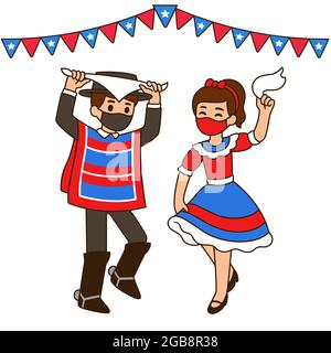 Fiestas Patrias 2021, chilenischer Nationalfeiertag. Nette Cartoon Kinder tanzen Cueca in Gesichtsmasken aufgrund Covid. Vektorgrafik. Stock Vektor