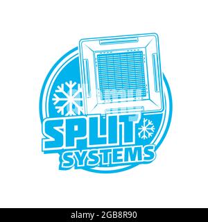 Symbol für geteilte Systeme mit der Deckenkassette für die Vektorklimaanlage und blauen Schneeflocken. Klimaregelung, Klimaanlage und Kühlsystem rund isoliert Stock Vektor