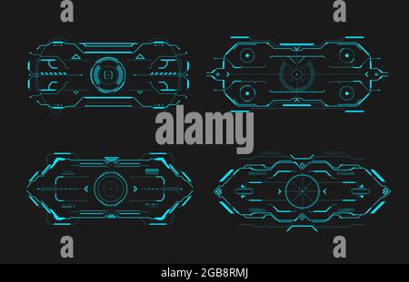 HUD AIM Control Frame Interface futuristischer Zielbildschirm. Vector Ski-Fi-Monitore, UI Techno-Elemente, militärische optische Ausrichtung, Raumschiff-Fadenkreuz. M Stock Vektor