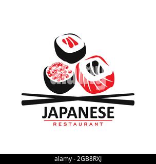 Japanische Küche Restaurant Ikone, Brötchen und Stöcke. Vektor-Emblem für asiatische Café mit traditionellen Mahlzeit von japanischen Meeresfrüchten mit Reis, Lachs oder cavi Stock Vektor