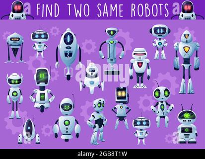 Kinder Spiel mit Robotern und Droiden. Kind spielen Aktivität, Rätsel oder pädagogische Puzzle mit finden gleichen Objekt Aufgabe, Fantasy-Roboter und Alien humanoid c Stock Vektor