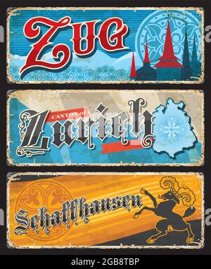 Zug, Zürich und Schaffhausen Schweizer Kantone vintage Platten. Schweiz Grunge Vektor Blechplatten mit gotischer Typografie, Burgspitzen und Regionalkarte, Stock Vektor