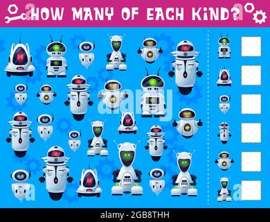 Roboter und Droiden Kinder spionieren Spiel. Kinder Rätsel, Zählen Puzzle oder Quiz Buch Seite Vorlage mit zukünftigen Androiden, Fantasy-Roboter oder Alien Droiden wi Stock Vektor