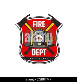 Feuerwehrsymbol mit Vektor-Feuerwehrmann oder Feuerwehrhelm und gekreuzten Achsen, Leiter und Haken. Feuerlöschgeräte und -Werkzeuge isoliert heraldische s Stock Vektor