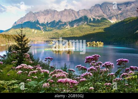 See mit Zugspitze und Inseln, Eibsee, bei Garmisch-Partenkirchen unterhalb der Zugspitze im Wettersteingebirge in Bayern, Deutschland Stockfoto