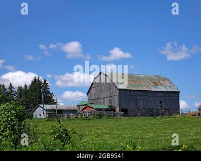 Alte Holzscheune auf einem Bauernhof an einem sonnigen Sommertag Stockfoto