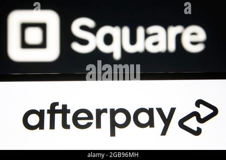 Ukraine. September 2021. Auf dieser Fotolabbildung ist ein Afterpay Limited-Logo eines australischen Finanztechnologieunternehmens auf einem Smartphone-Bildschirm zu sehen, auf dem ein Square, Inc.-Logo eines US-Finanzdienstleistungs- und digitalen Zahlungsunternehmens im Hintergrund zu sehen ist. Kredit: SOPA Images Limited/Alamy Live Nachrichten Stockfoto