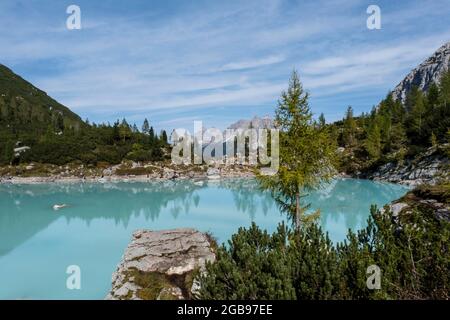 Türkisgrüner See Sorapis, Lago di Sorapis mit Blick auf die drei Zinnen, Dolomiten, Belluno, Italien Stockfoto