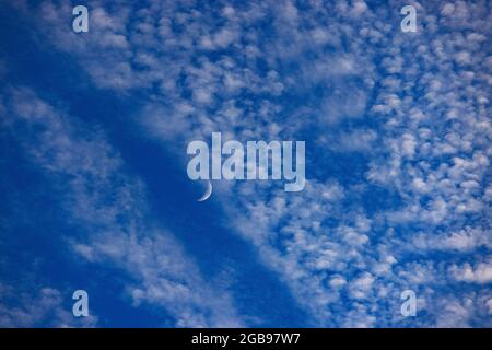 Altocumulus Wolken mit Halbmond, flauschige Wolken, Oberösterreich, Österreich Stockfoto