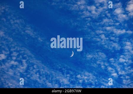 Altocumulus Wolken mit Halbmond, flauschige Wolken, Oberösterreich, Österreich Stockfoto