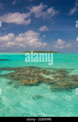 Kleine Insel im türkisfarbenen Wasser in der Lagune von Aitutaki, Rarotonga und den Cook Inseln Stockfoto