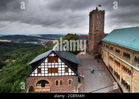 Wartburg, Blick vom Südturm auf den Innenhof, Godem, Palas und Keep, UNESCO Weltkulturerbe, Eisenach, Thüringer Wald Stockfoto