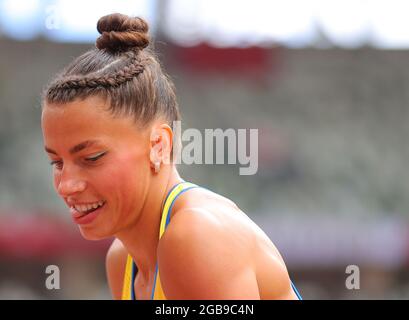 Tokio, Japan. August 2021. Maryna Bekh-Romantschuk aus der Ukraine reagiert während des Weitsprungfinales der Frauen bei den Olympischen Spielen 2020 in Tokio, Japan, am 3. August 2021. Quelle: Li Ming/Xinhua/Alamy Live News Stockfoto