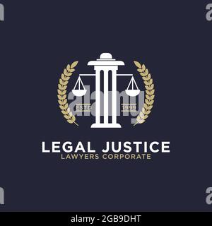 Legal Justice Corporation Logo Icon Design Inspirationen, griechische Säule mit Skalen Vektor Illustrationen Stock Vektor