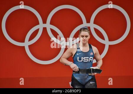 Tokio, Japan. August 2021. Die US-Amerikanerin Martha Ann Rogers tritt am Montag, den 2. August 2021, beim Tokyo International Forum in Tokio, Japan, beim 87 kg schweren Gewichtheben der Frauen an. Foto von Keizo Mori/UPI Credit: UPI/Alamy Live News Stockfoto