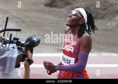 Tokio, Japan. August 2021. Leichtathletik: Olympische Spiele, Weitsprung, Frauen, Finale im Olympiastadion. Brittney Reese aus den USA reagiert. Quelle: Oliver Weiken/dpa/Alamy Live News Stockfoto