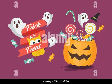 Trick or Treat Poster mit Halloween Kürbis Korb. Vektorgrafik im flachen Stil. Stock Vektor