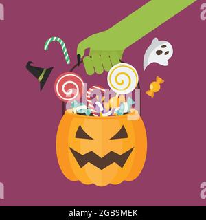 Grüne Zombie Hand hält halloween Kürbis Korb. Vektorgrafik im flachen Stil. Stock Vektor