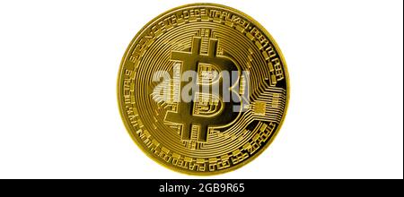 Bitcoin auf weißem Hintergrund isoliert. Kryptowährung - Foto von Goldbitcoin physische Goldmünze. Symbol der Kryptowährung Stockfoto