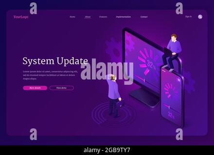 Isometrische Landing Page für Systemaktualisierungen, Webbanner Stock Vektor