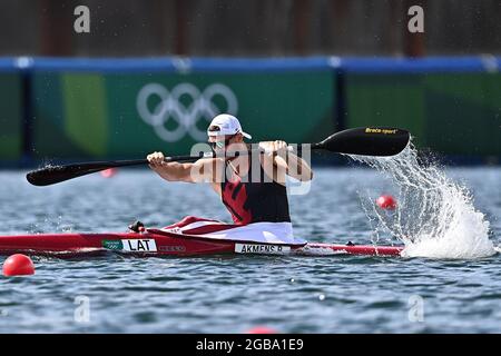 Tokio, Japan. August 2021. Kanusprint. Sea Forest Waterway. 6-44. 3-Chome. Minomori. Koto-ku. Tokio. Roberts Akmens (LAT). Kredit Garry Bowden/Sport in Pictures/Alamy live News Kredit: Sport in Pictures/Alamy Live News Stockfoto