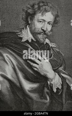 Peter Paul Rubens (1577-1640). Barockmaler der flämischen Schule. Porträt von van Dyck. Gravur nach einer Radierung von Pontius. Gravur. La Ilustración Española y Americana, 15. Dezember 1882. Stockfoto