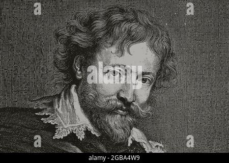 Peter Paul Rubens (1577-1640). Barockmaler der flämischen Schule. Porträt von van Dyck. Gravur nach einer Radierung von Pontius. Details. Gravur. La Ilustración Española y Americana, 15. Dezember 1882. Stockfoto