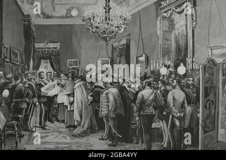 Spanien. Herrschaft von Alfonso XII, von 1874 bis 1885. Offizielle Übergabe der Neugeborenen, der Infantin Doña Maria Teresa (1882-1912), durch König Alfonso XII. An das diplomatische Korps und hohe Würdenträger des Staates wenige Stunden nach ihrer Geburt am 12. November. Zeichnung von Juan Comba. Gravur von Rico. La Ilustración Española y Americana, 22. November 1882. Stockfoto