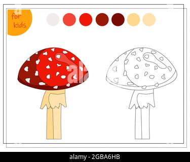 Malbuch für Kinder, färben die Pilzfliege agarisch durch Farben. vektor isoliert auf weißem Hintergrund Stock Vektor