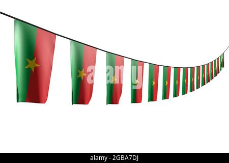 Schöne Feier Flagge 3d-Illustration - viele Burkina Faso Fahnen oder Banner diagonal mit perspektivischer Ansicht auf Schnur isoliert auf weiß hängen Stockfoto