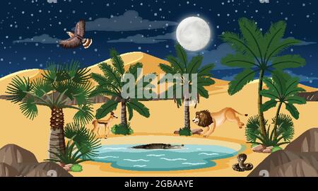 Tiere leben in Wüstenwaldlandschaft bei Nacht Szene Illustration Stock Vektor