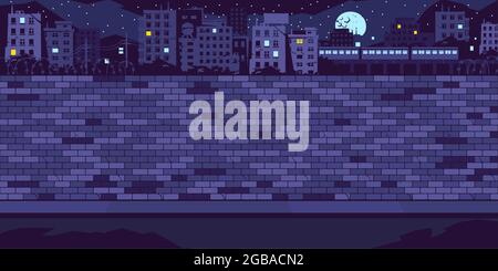 Dunkle Flache Leere Nacht Ziegelwand Mit Hintergrund Der Stadtlandschaft Vektor-Illustration-Vorlage Stock Vektor
