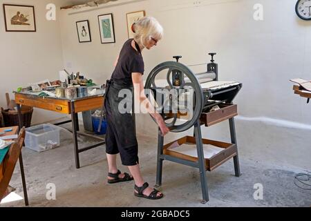 Die britische Künstlerin Vivian Kersey arbeitet an einem Linolschnitt auf einer Littljohn-Radierpresse in ihrer Druckwerkstatt Carmarthenshire Wales UK KATHY DEWITT Stockfoto