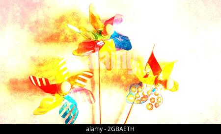 Drei Spielzeugwindmühlen auf stilisiertem Hintergrund Stockfoto