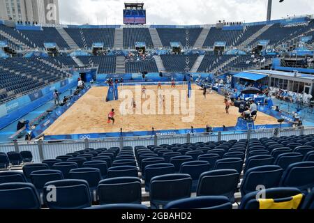 Tokio, Japan. August 2021. Während eines Spiels der Olympischen Spiele in Tokio am 3. August 2021 im Shiokaze Park in Tokio, Japan, sind die Sitze leer. Foto von Keizo Mori/UPI Credit: UPI/Alamy Live News Stockfoto