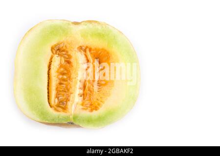 Kantalupe halbiert isoliert auf weißem Hintergrund Stockfoto