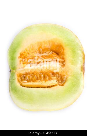 Kantalupe halbiert isoliert auf weißem Hintergrund Stockfoto