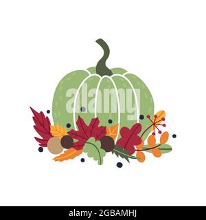 Traditionelle Herbstkomposition mit grünem Kürbis und gefallenen Blättern. Schöne und niedliche Cartoon flache Herbarium. Element oder Objekt für das Kartendesign Stock Vektor