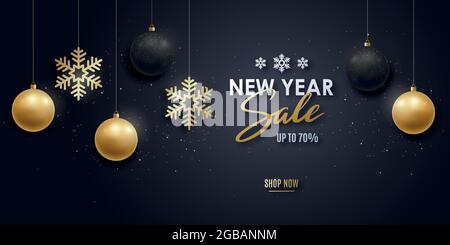 Banner für den Neujahrsverkauf. Realistische 3d-Kugeln in Gold und Schwarz, Platz für Text. Vektorgrafik. Stock Vektor