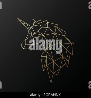Goldene polygonale Einhorn-Illustration isoliert auf schwarzem Hintergrund. Geometrisches Tieremblem. Vektorgrafik. Stock Vektor