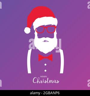 Hipster Santa Claus. Frohe Weihnachten und Frohes neues Jahr. Weihnachtsmann mit Hut, Brille Hosenträger und Fliege. Stock Vektor