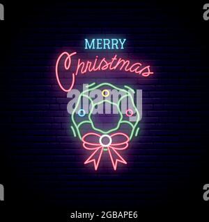 Weihnachtskranz, Neon-Schild. Nächtliches Werbeelement. Stock Vektor