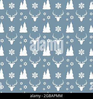 Weihnachtliches nahtloses Muster mit weißen Hirschen, Häusern, Tannen, Schneeflocken und Sternen auf blauem Hintergrund. Vektorgrafik. Stock Vektor