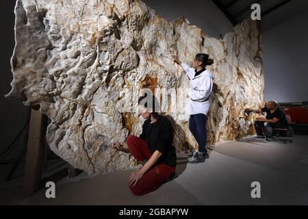Der Prähistoriker und Plastiker Alain Dalis ist in seiner Montignac-Werkstatt für die Reproduktion der Wände der Cave Cosquer verantwortlich. Die Cosquer-Höhle ist ein archäologischer Schatz, der im Bach von Marseille untergetaucht ist. Diese Höhle, die in den 1990er Jahren von dem Taucher Henri Cosquer entdeckt wurde, enthält mehr als 270 prähistorische Kunstwerke, darunter einzigartige Darstellungen von Pinguinen, Robben und Quallen.als Gründe für den Anstieg des Wassers der globalen Erwärmung wird diese Höhle verschwinden. Der Aufbau seiner Antwort wird in Zukunft das einzige Zeugnis dieses Schatzes der Menschheit bleiben Stockfoto